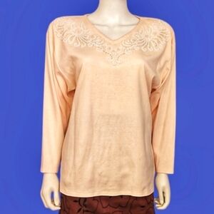 VTG I.B. DIFFUSION 1980s Peach Floral White Glass Beaded V-Neck Blouse